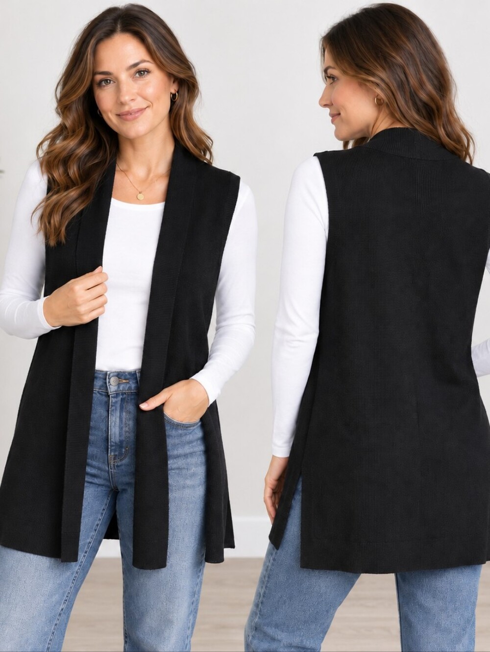 Cyrus Black Longline Cardigan Vest Size S Contemporary Casual Minimalist Quiet L